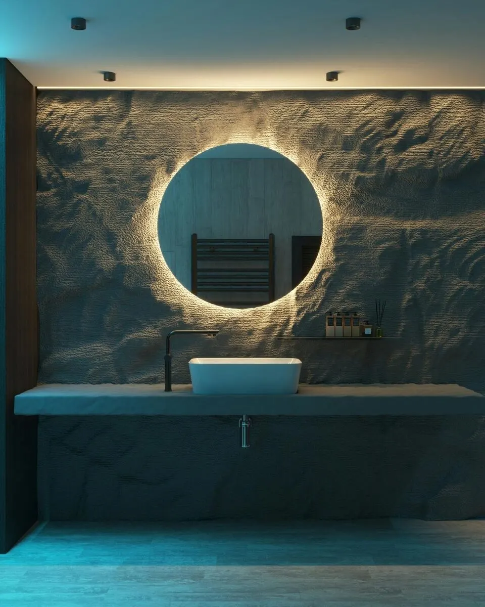 Moody spa vanity with textured stone wall backlit round mirror and vessel sink