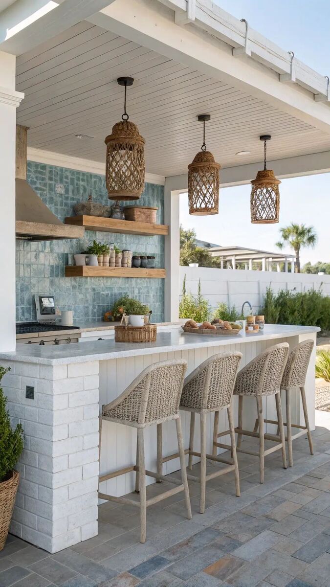 Coastal outdoor kitchen white brick teal tile Cocoa Beach
