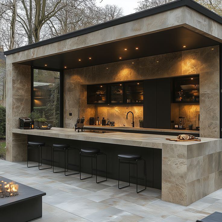 Luxury outdoor kitchen natural stone fire pit Melbourne FL