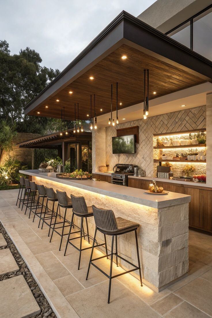 Modern outdoor bar pendant lights herringbone tile by ELSO